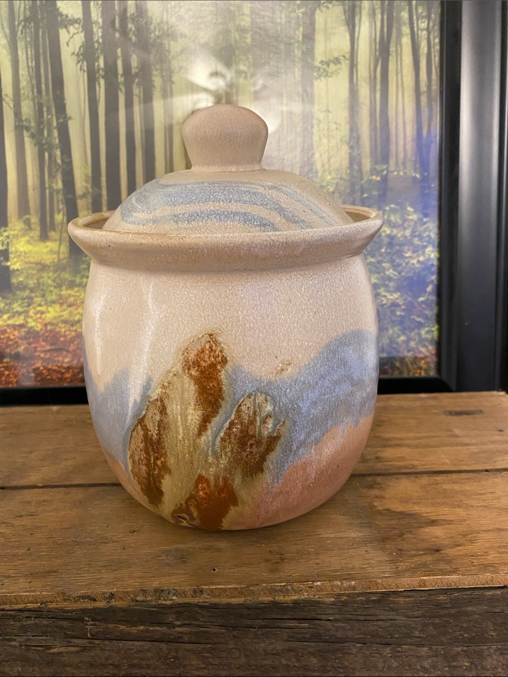 Handcrafted Ceramic Lidded Jar in Earthy Cream and Blue, no cracks or chips